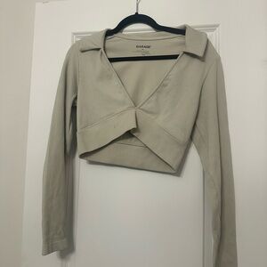 Garage Tan Long Sleeve Tie Front Crop Blouse
